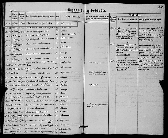 Hordaland county, Finnås, Parish register (official) nr. A 8 (1863-1872), Death and burial records 1872, page 211